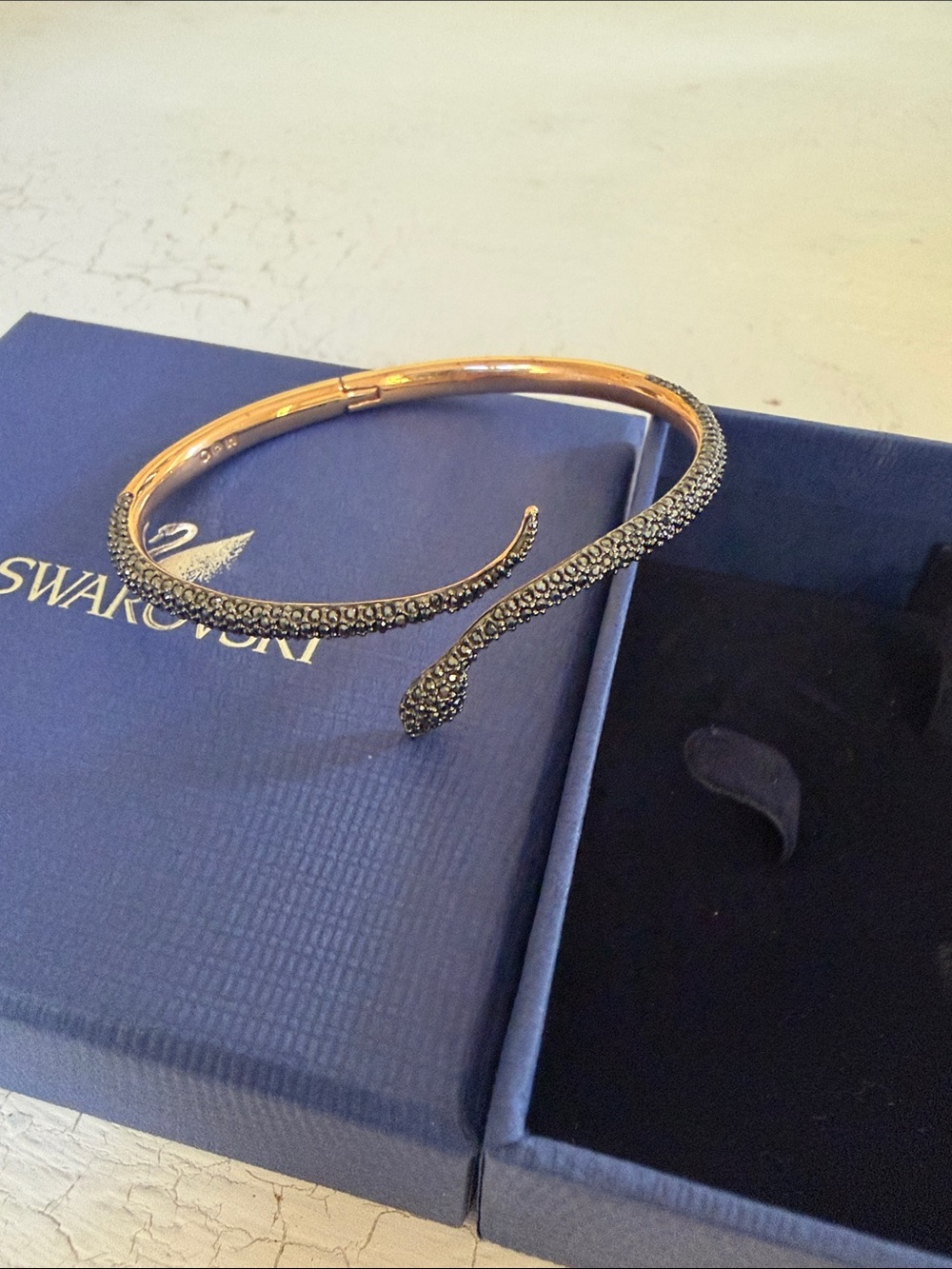 Swarovski Leslie Black Crystal Snake Rose Gold Bangle Bracelet